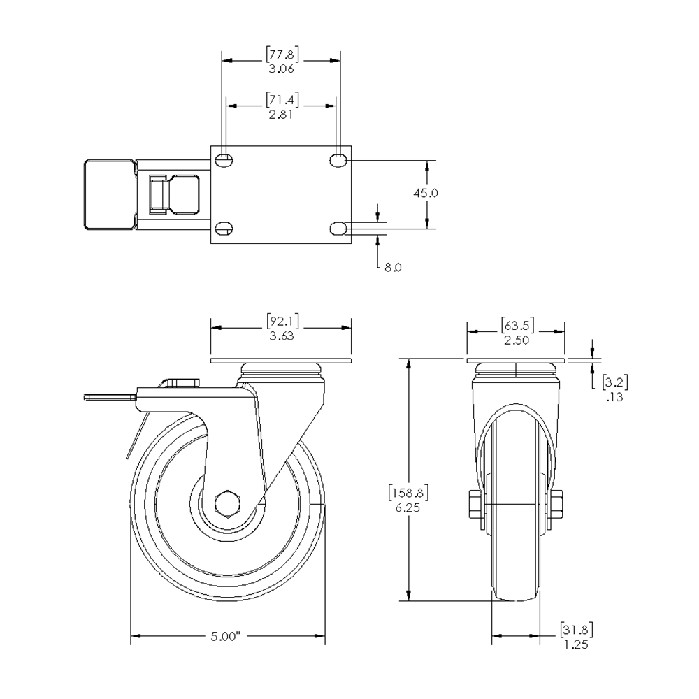 31-SPD5-7 MODULAR SOLUTIONS CASTER<br>5" SWIVEL TOP PLATE W/LOCK & HARDWARE